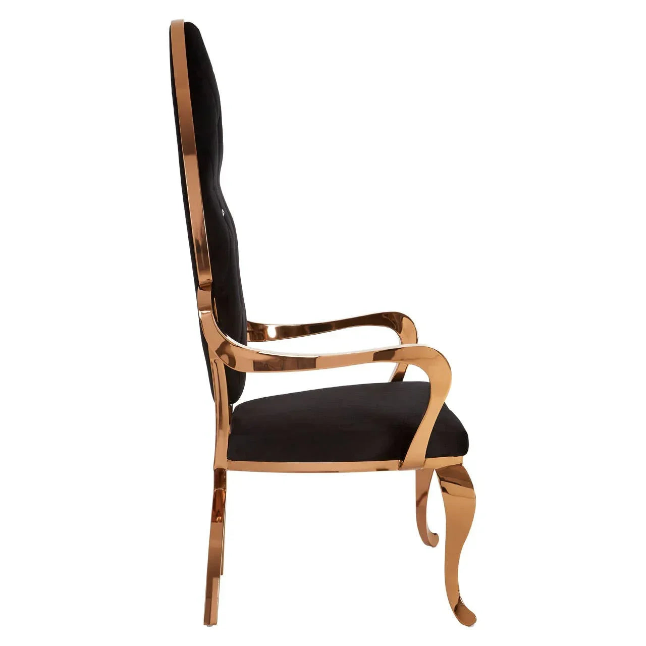 Side view gold metal dining chair with black cushioned seat and high backrest