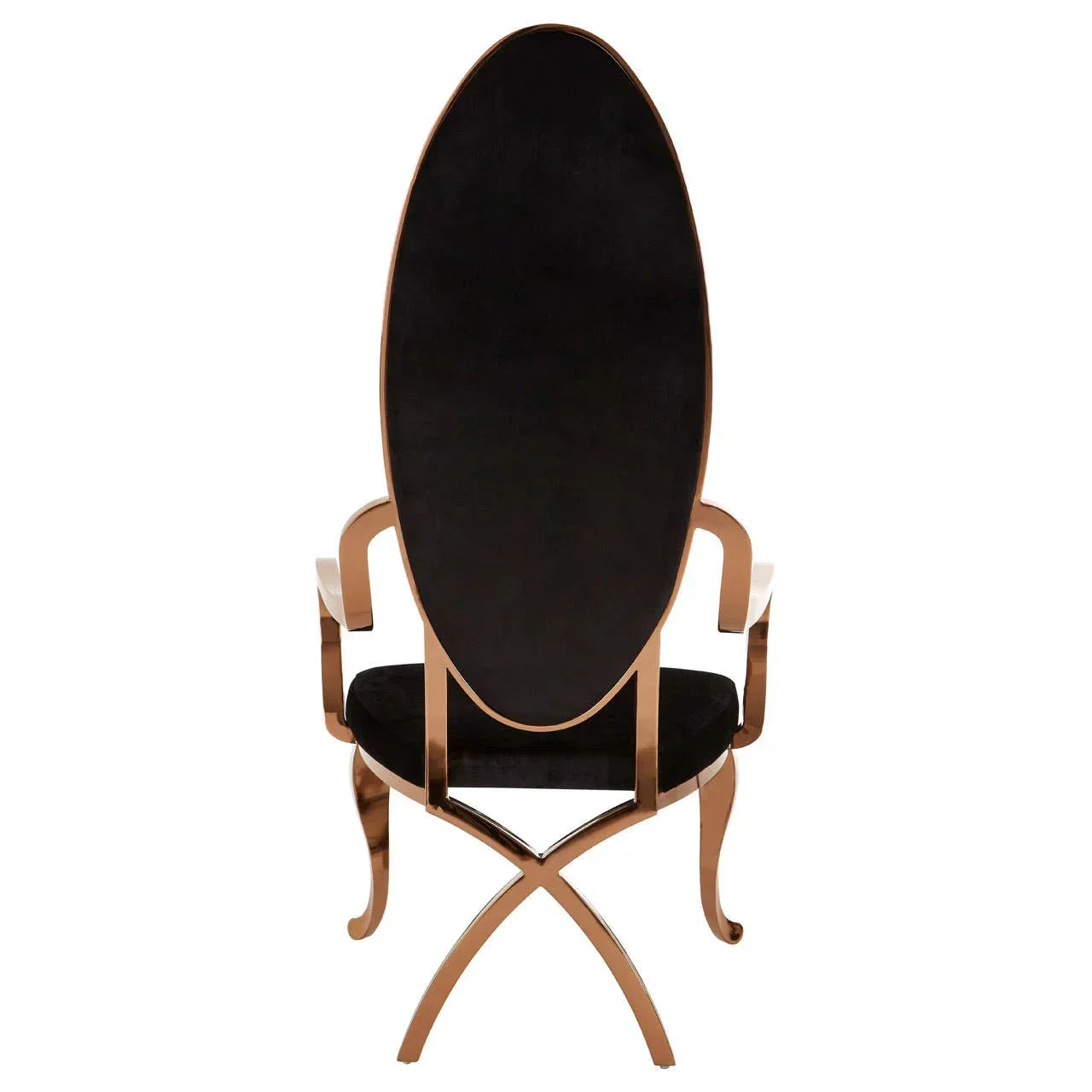 Black velvet dining chair with gold metal frame and high oval back, rear view