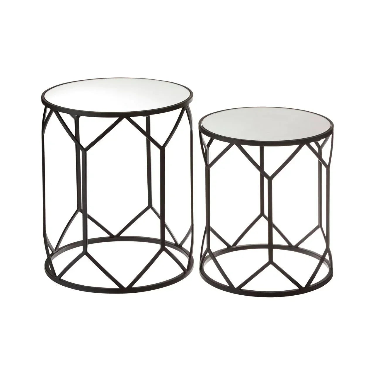 Set of two round glass top side tables with black geometric metal frames