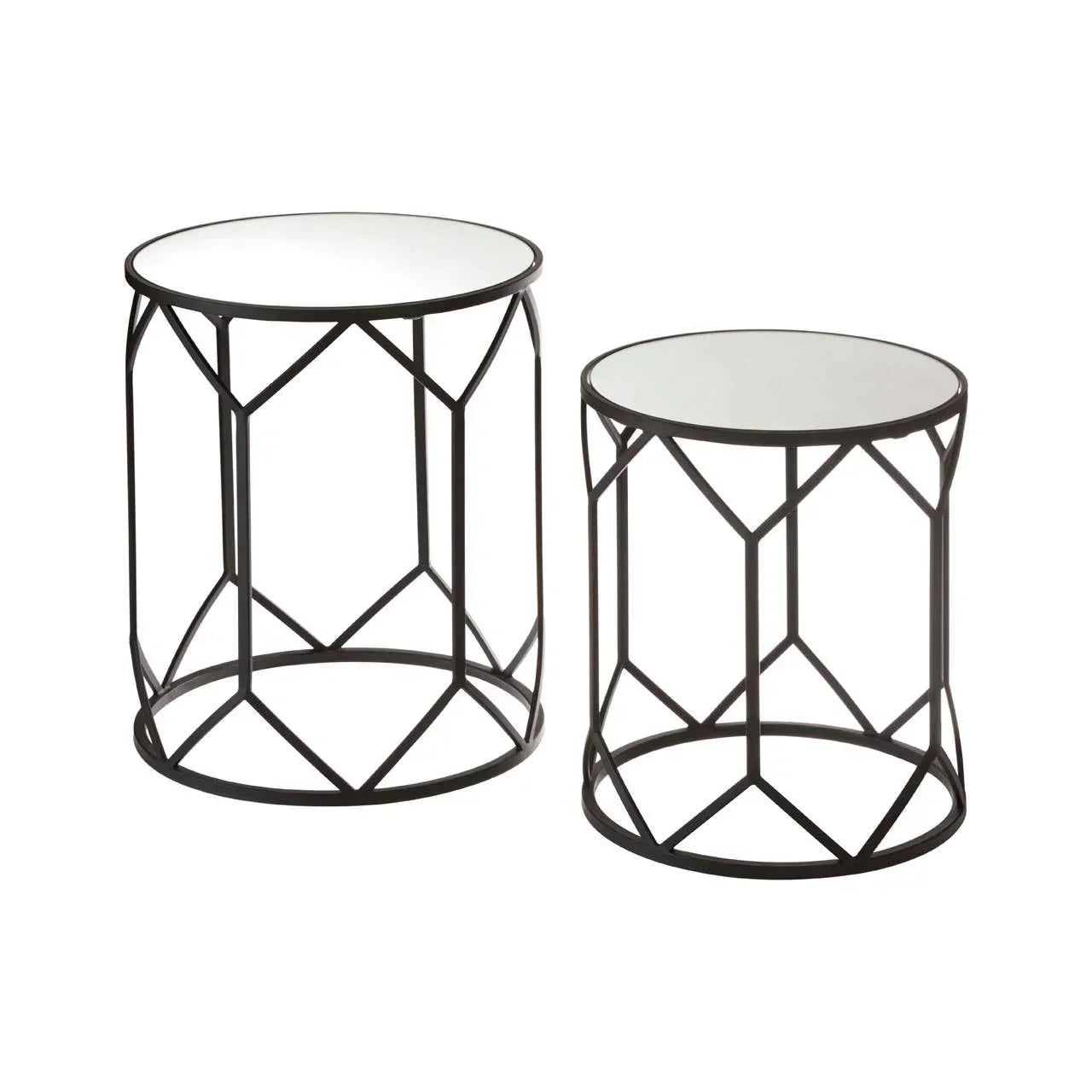 Set of two round metal side tables with geometric black frames and mirrored tops