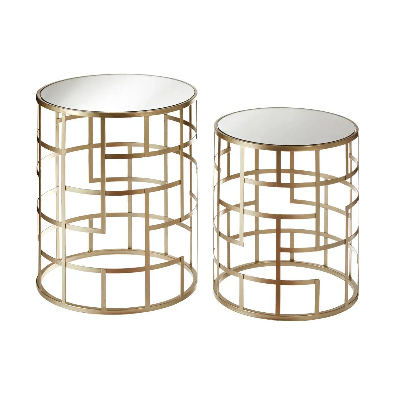 Set of two round gold metal side tables with mirrored tops and geometric open frames