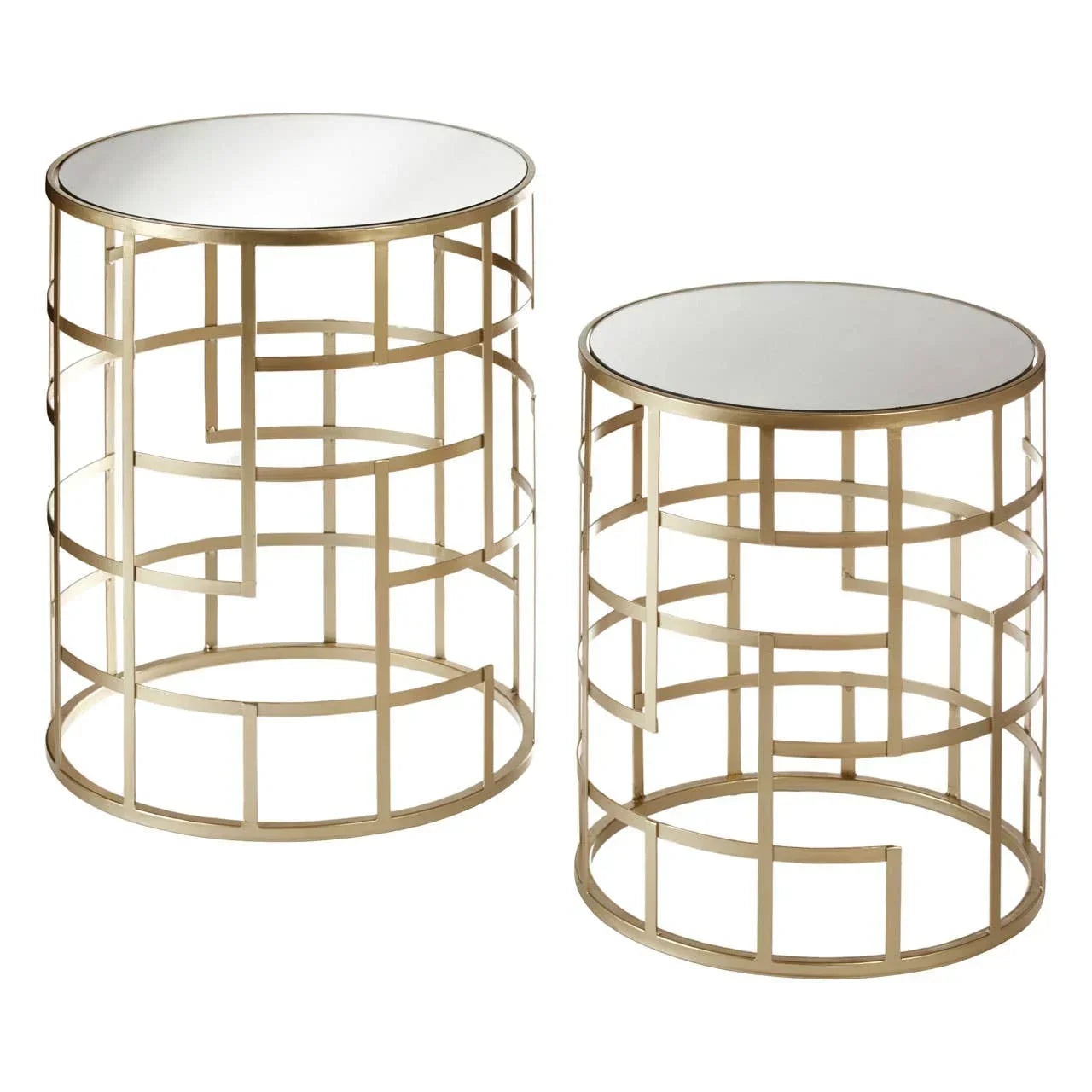 Set of two round gold metal side tables with mirrored glass tops and geometric bases