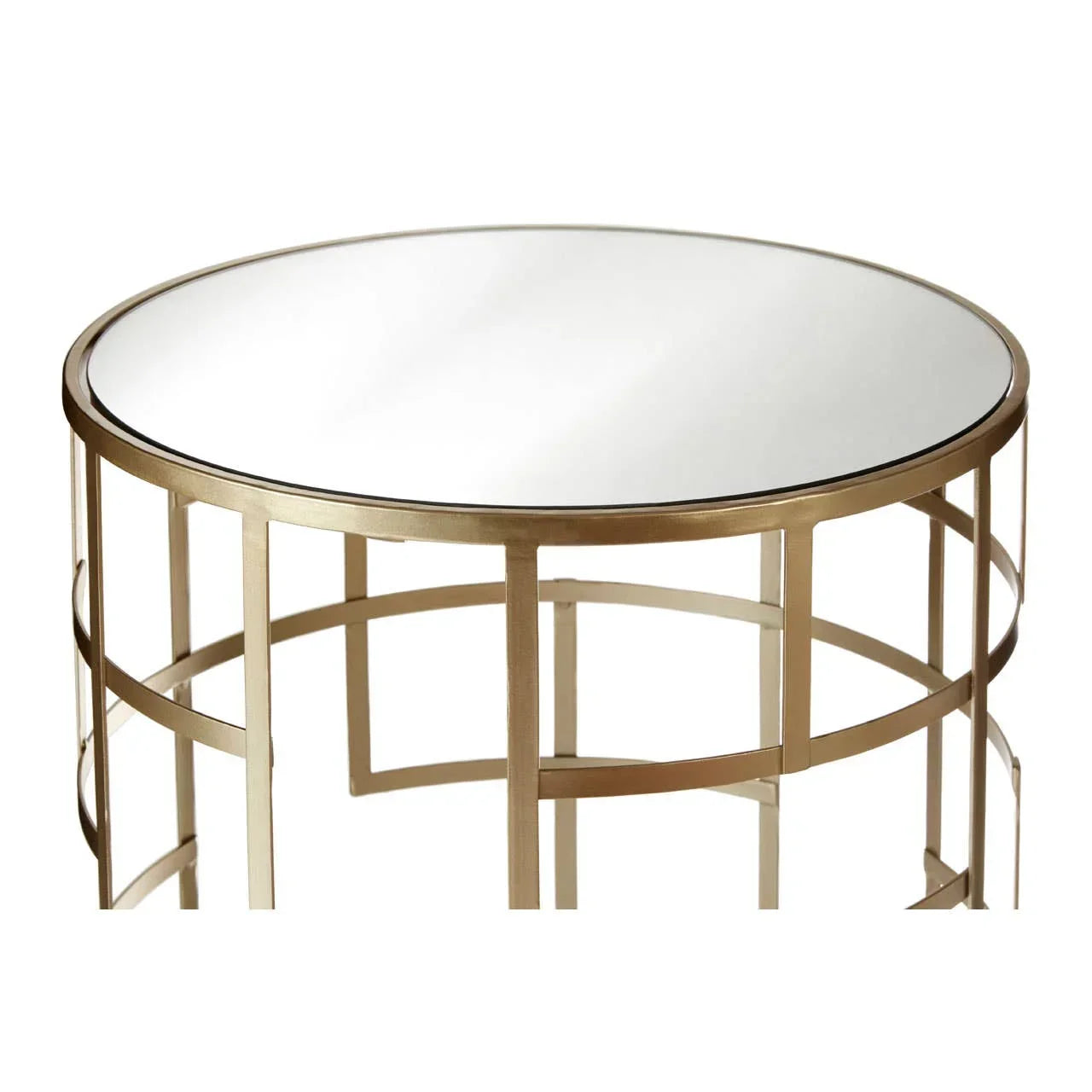 Round glass coffee table with gold metal frame and geometric open sides
