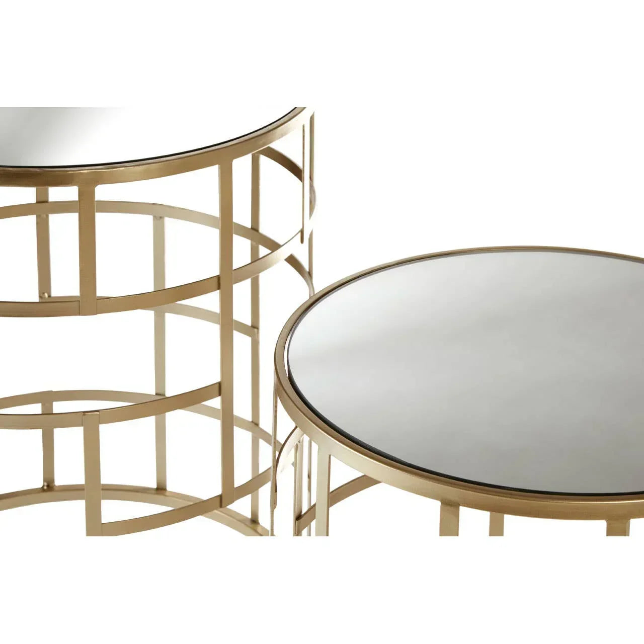 Round mirrored top side tables with gold metal frames, modern geometric design