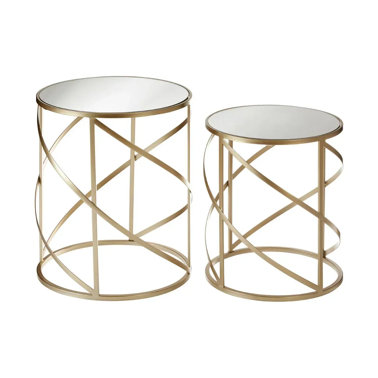 Set of two gold metal side tables with glass tops and geometric base design