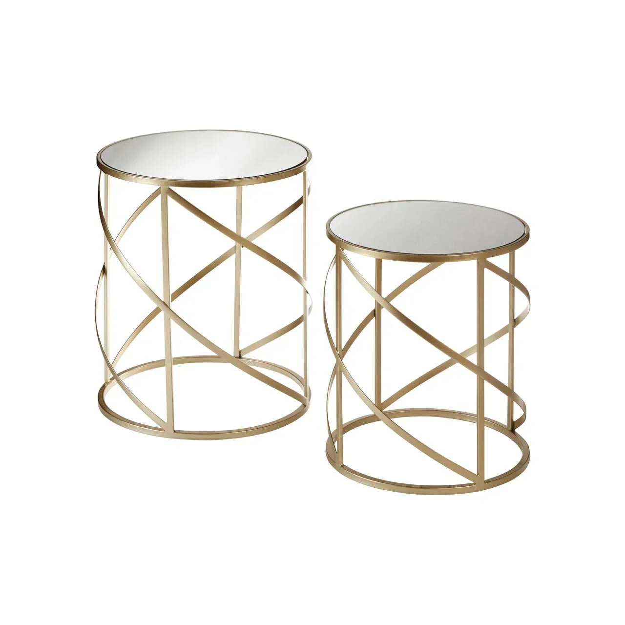 Set of two round mirrored side tables with gold metal geometric frames