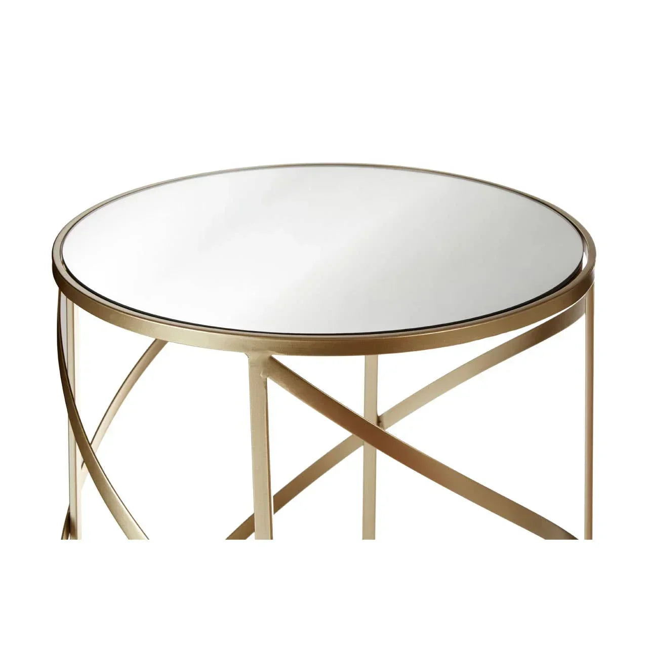 Round side table with glass top and gold metal cross frame
