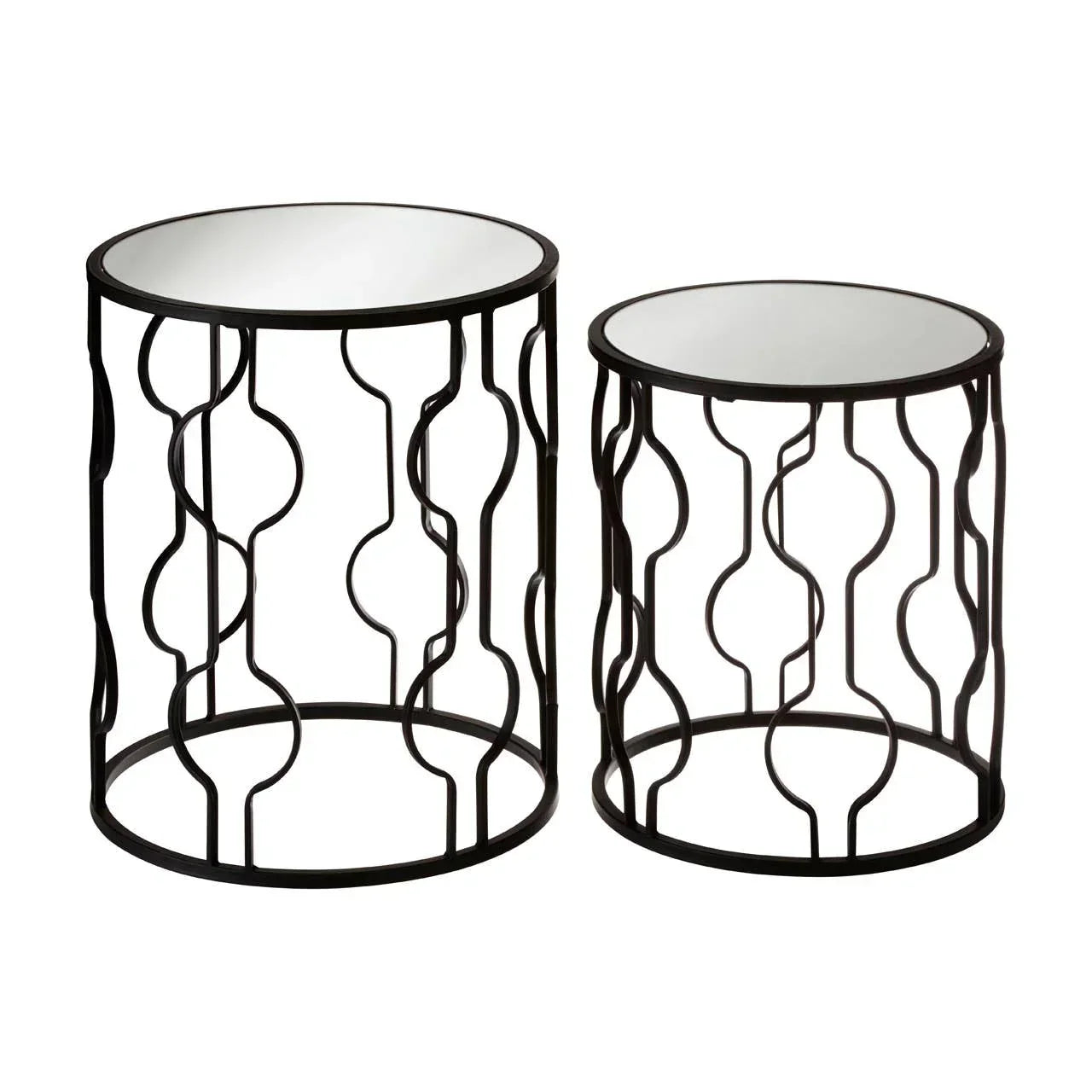 Set of two black metal side tables with mirrored tops and geometric openwork bases
