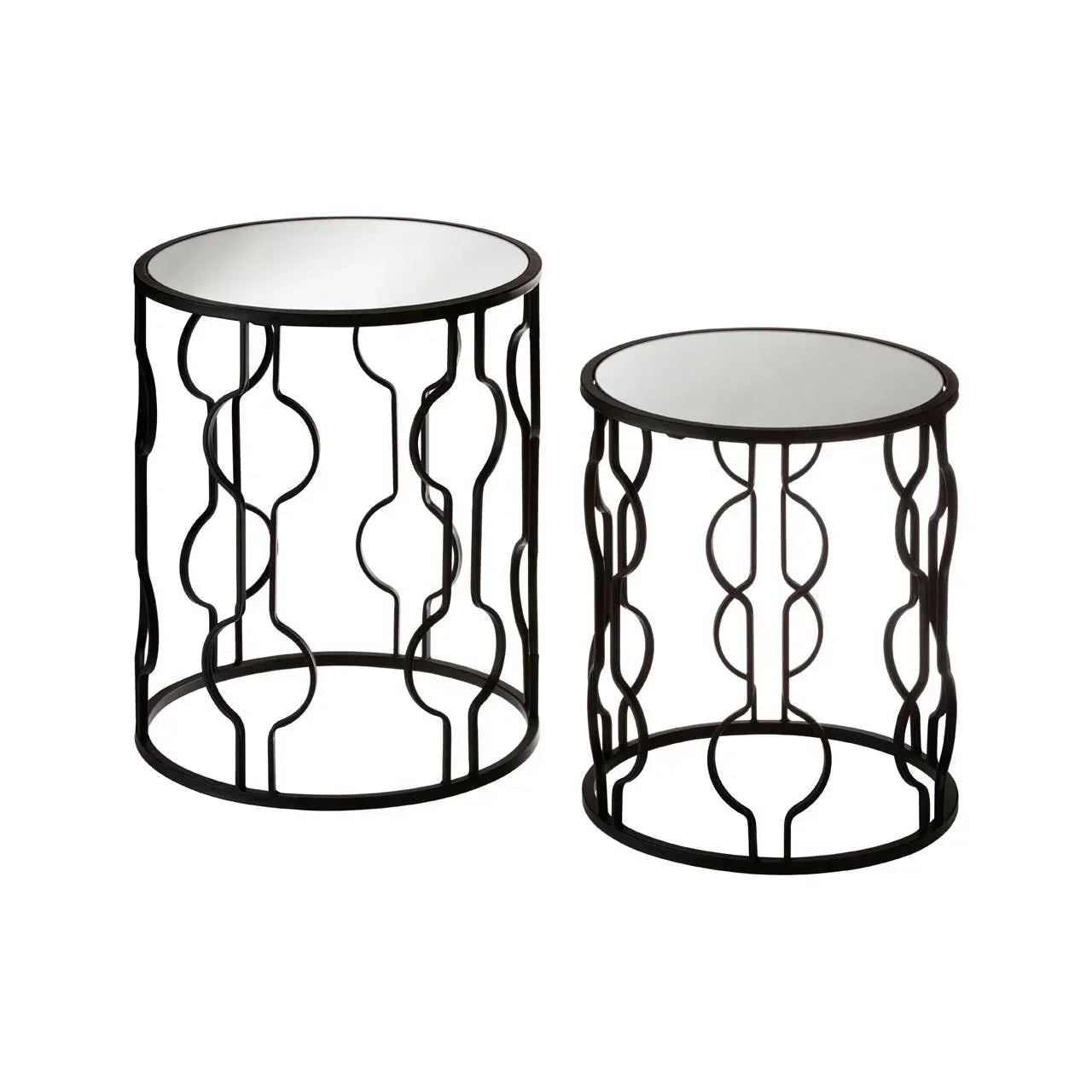 Set of two round nesting side tables with black metal frames and mirrored glass tops