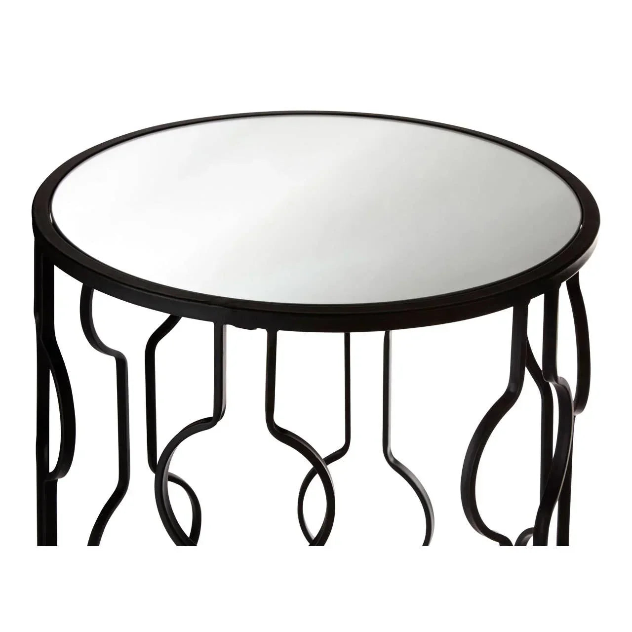 Round glass side table with black metal frame and decorative curved legs