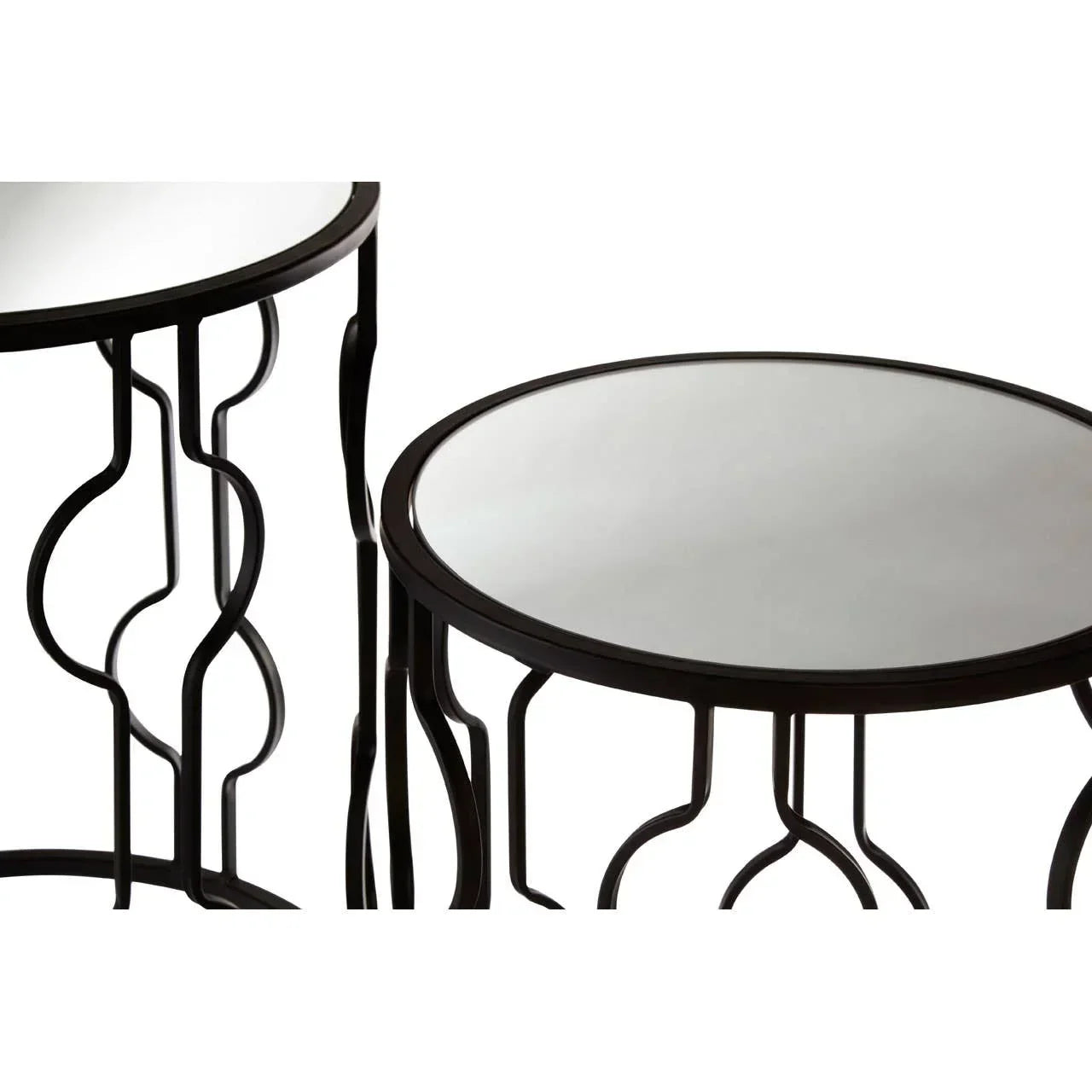 Round glass top side tables with black metal frames and geometric base detail