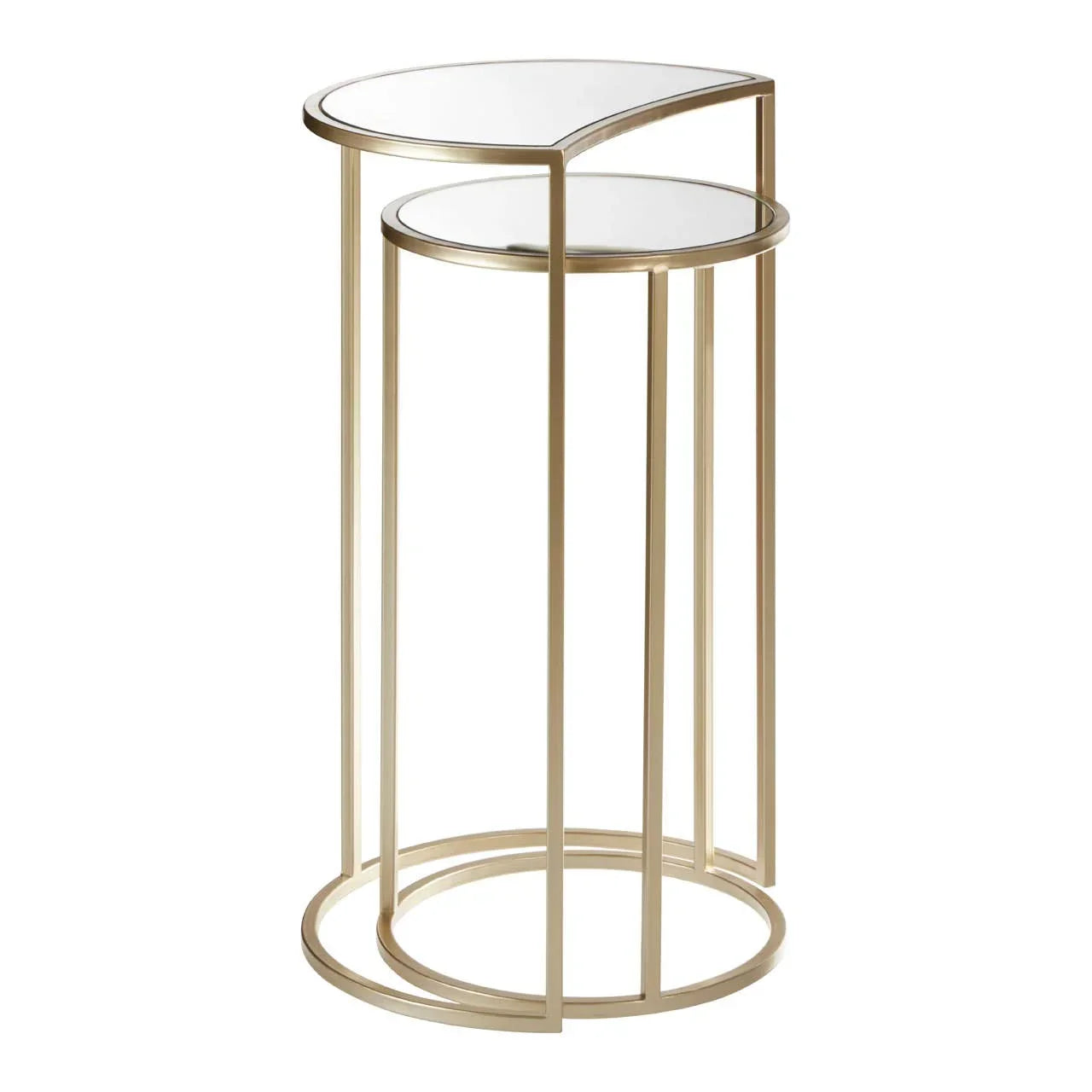 Gold metal nesting side tables with glass tops and open circular frame