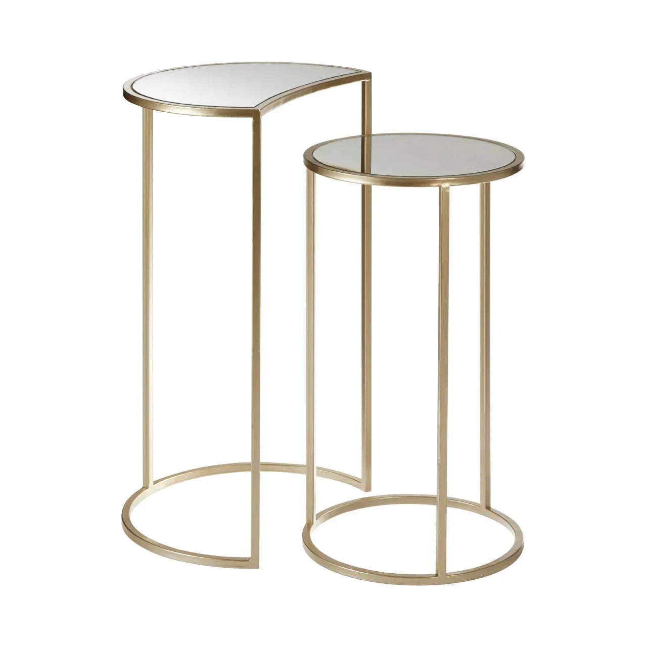 Gold metal and glass nesting side tables with geometric frames