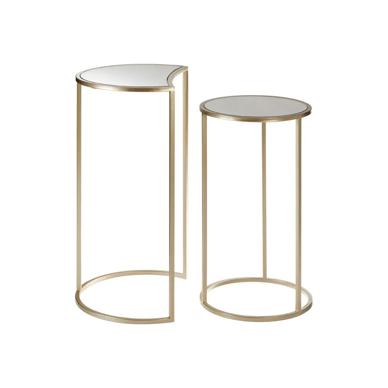 Set of two gold metal nesting side tables with mirrored tops