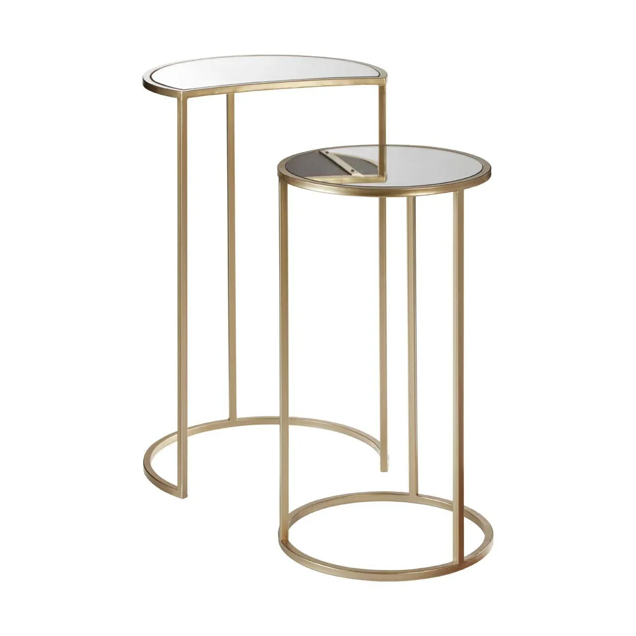 Set of two gold metal nesting side tables with glass tops on white background