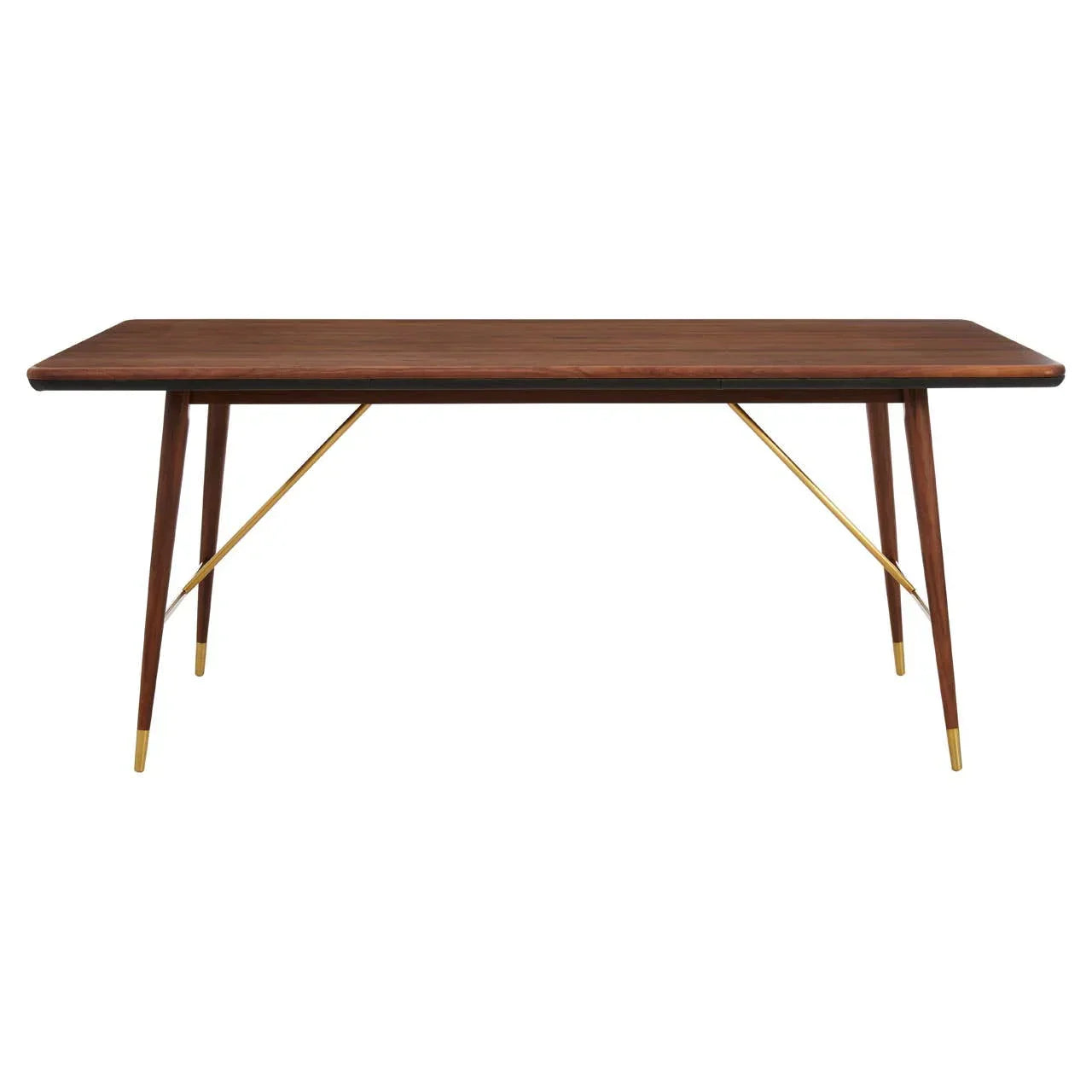 Mid-century wooden dining table with gold metal accents and angled legs, front view