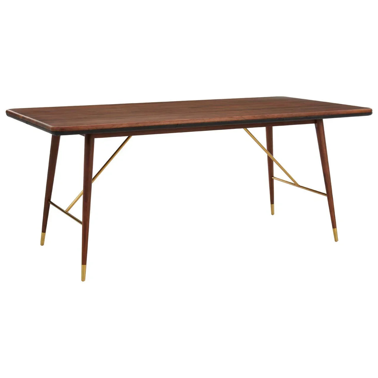 Rectangular wooden dining table with tapered legs and gold metal accents