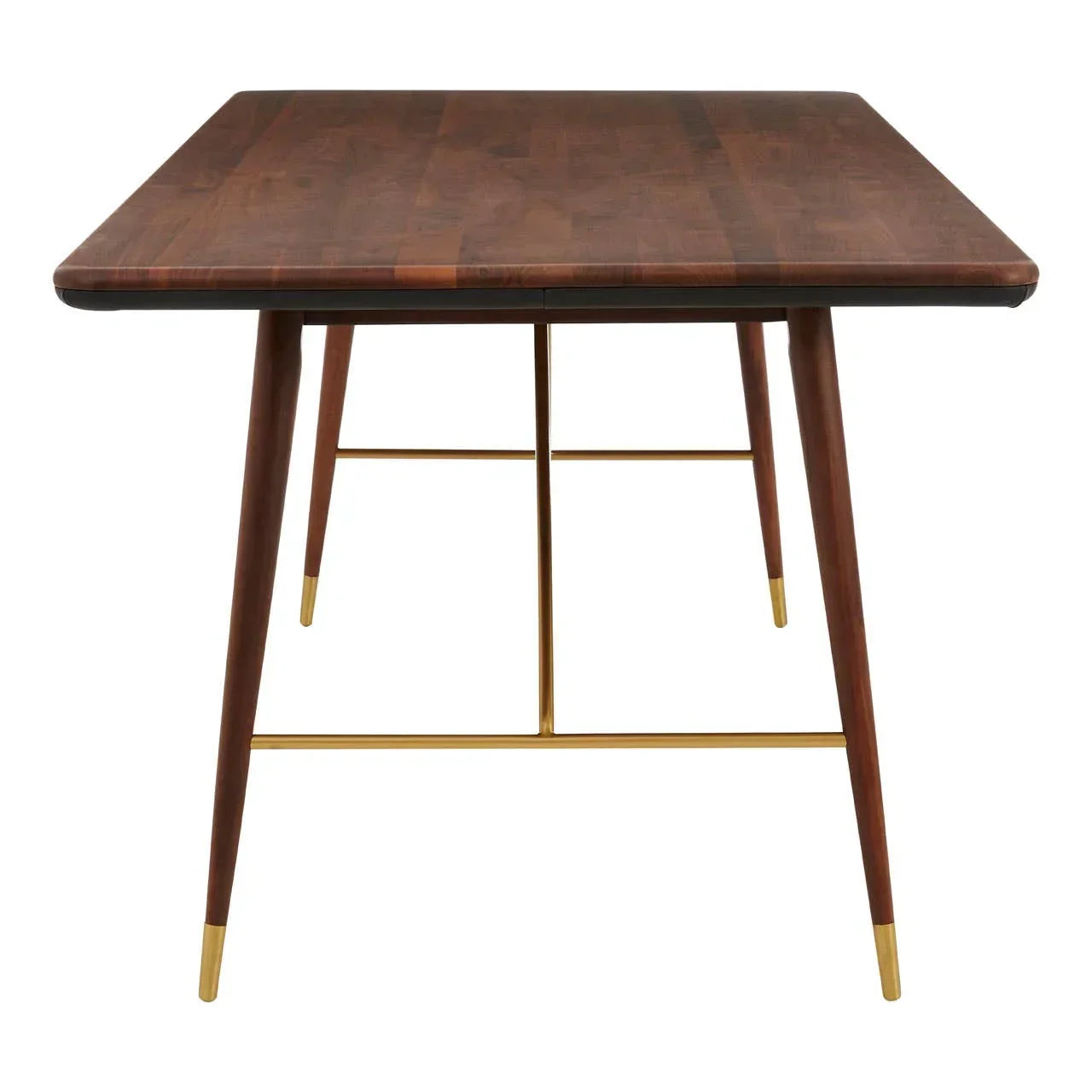 Walnut dining table with gold metal legs and rectangular top, shown from front angle
