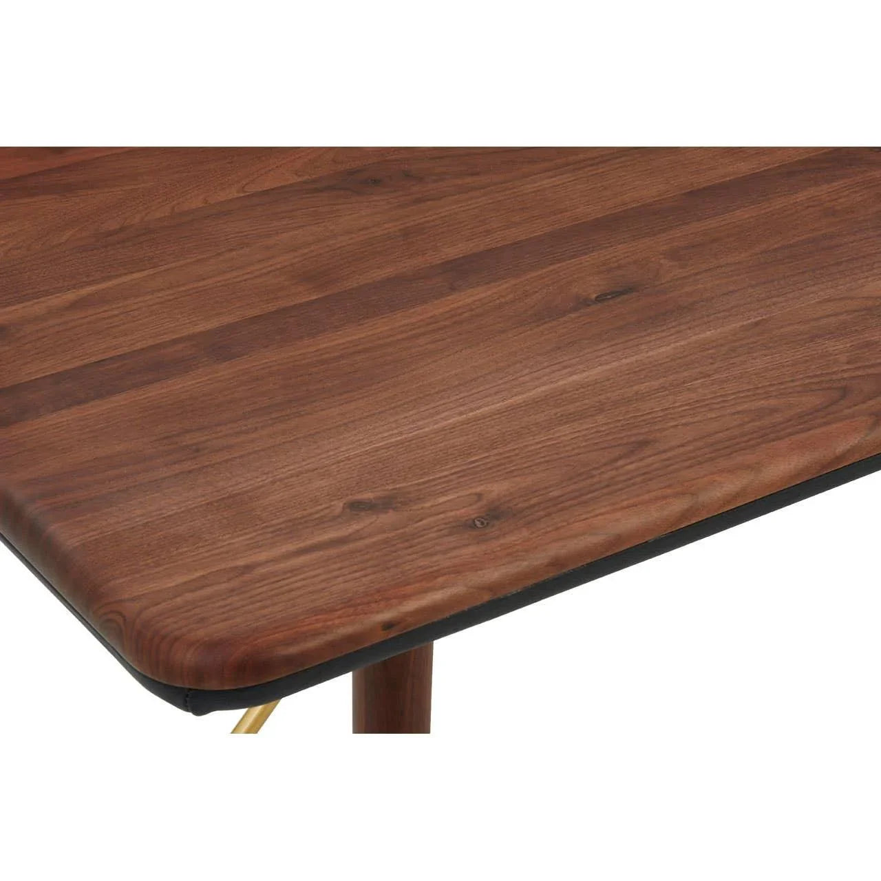 Close-up of rectangular wooden dining table top with rounded edge