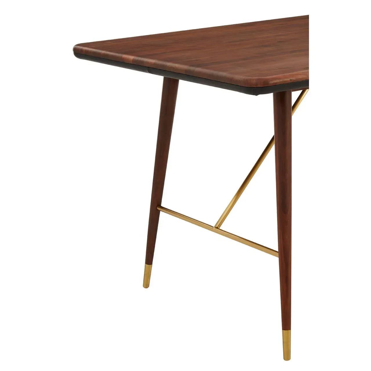 Walnut wood dining table corner with gold metal legs and angled support bar
