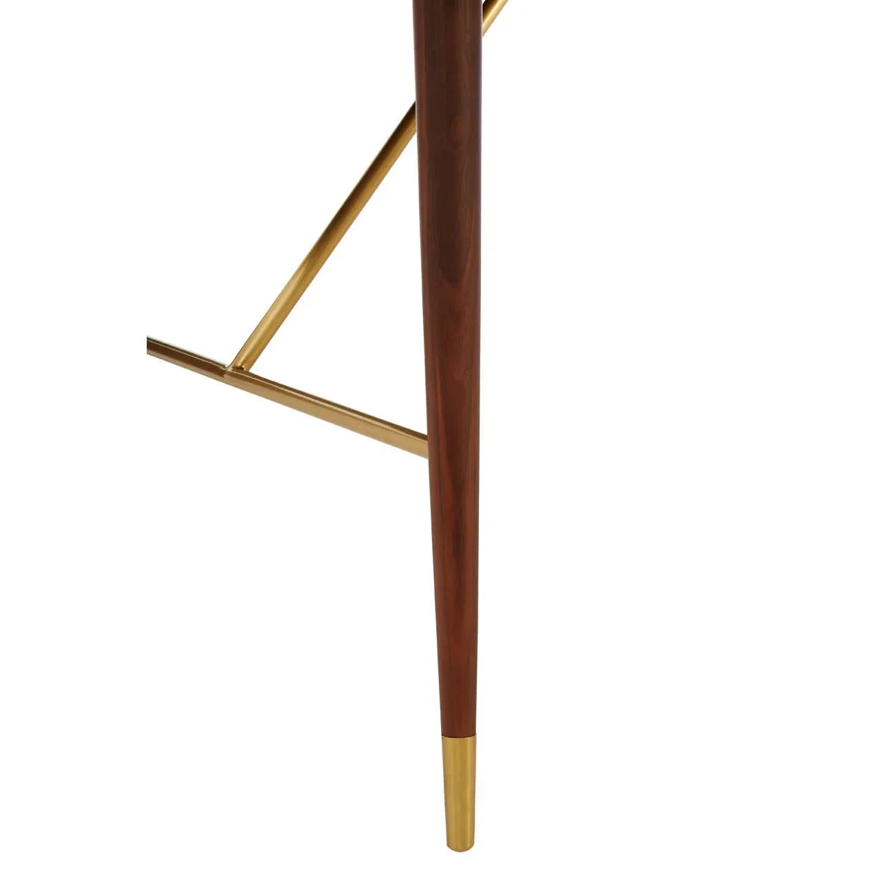 Dining table leg with walnut wood finish and gold metal accents