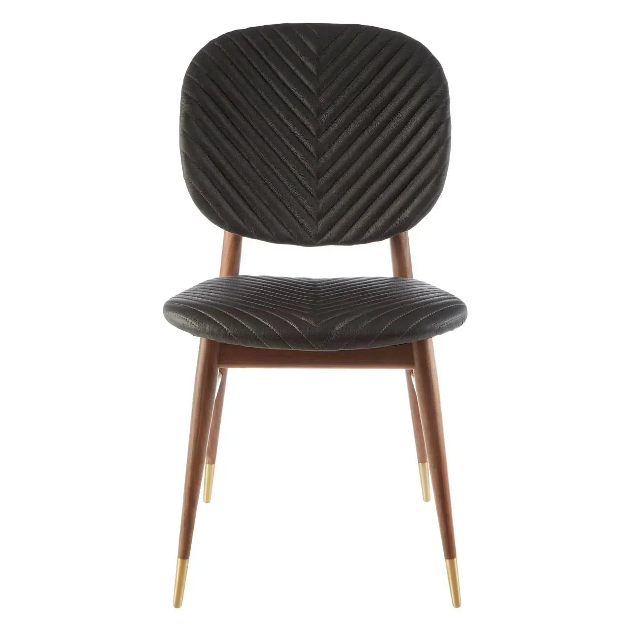 Black velvet dining chair with chevron stitching and wooden legs with gold tips, front view