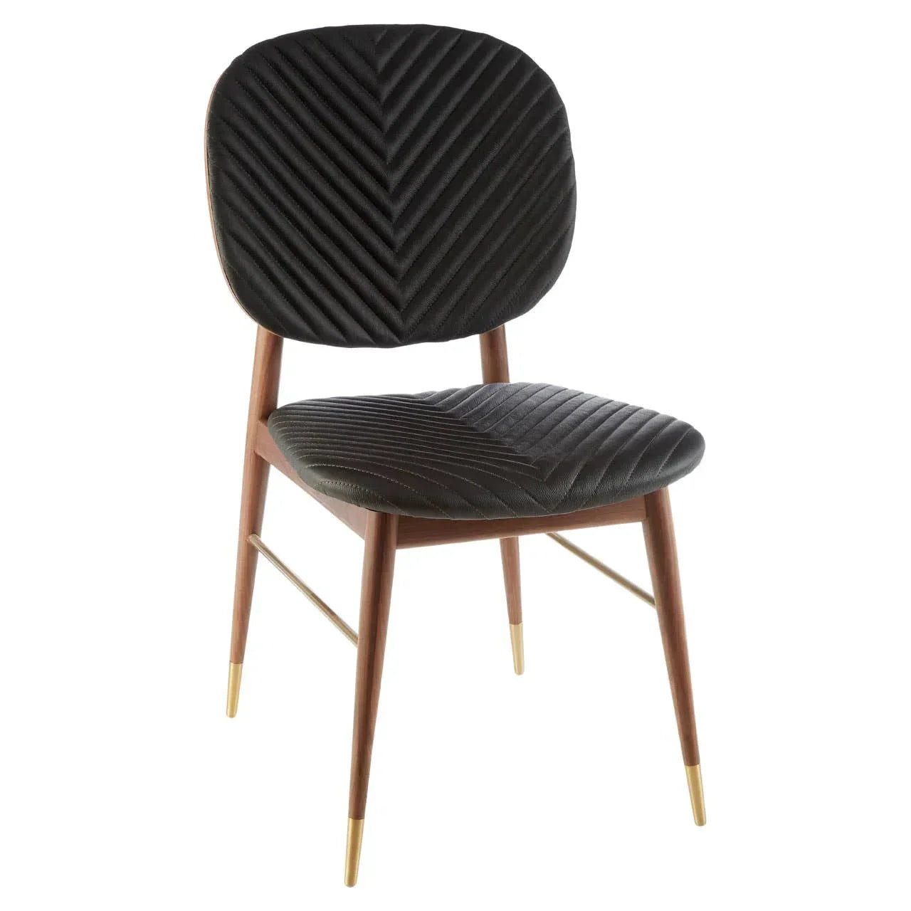 Black velvet dining chair with chevron stitching and wooden legs, gold metal foot caps