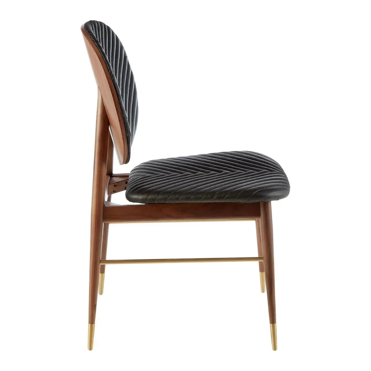 Side view of dining chair with black chevron padded seat, walnut wood frame, gold metal accents