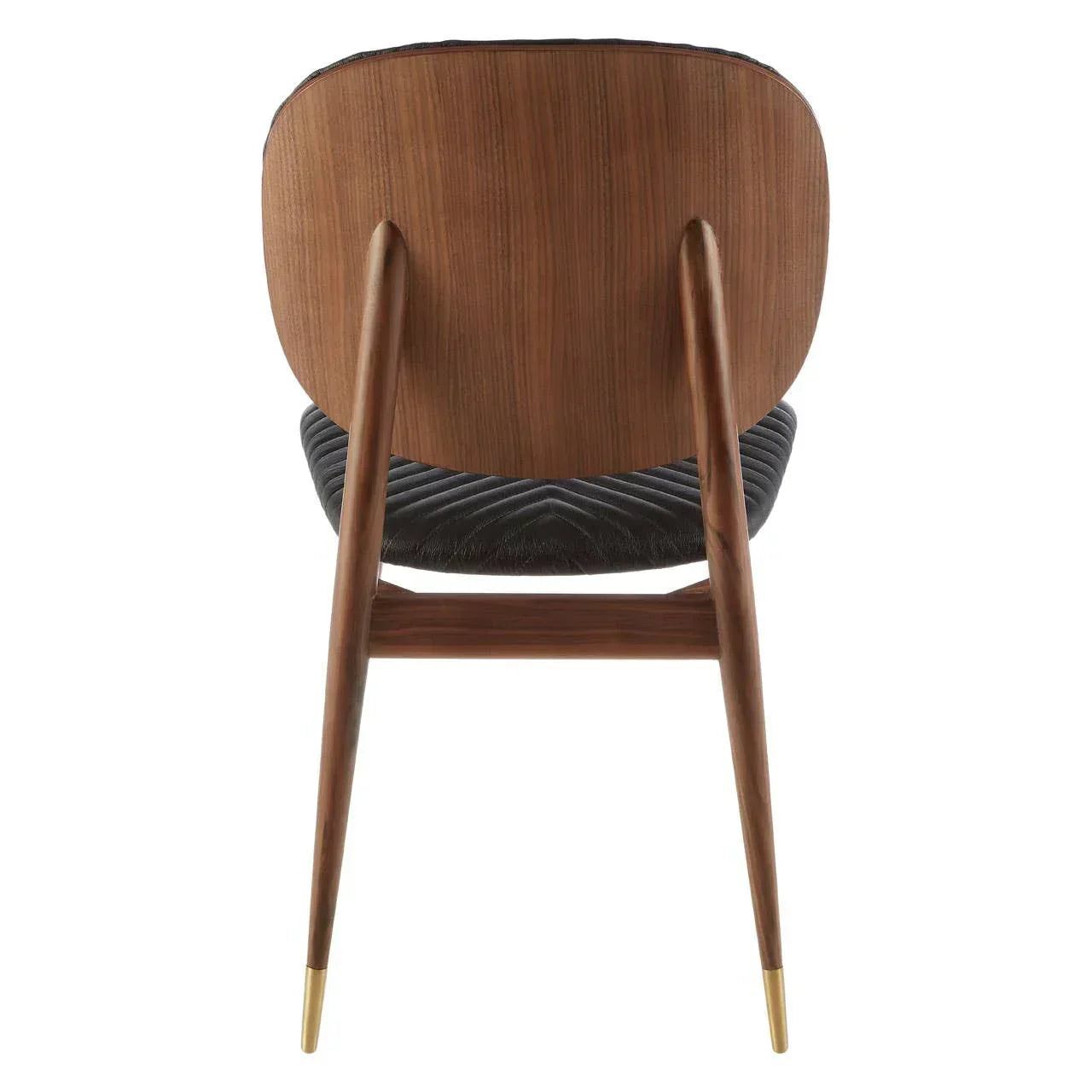 Rear view of wooden dining chair with curved backrest, black cushioned seat, and gold-tipped legs