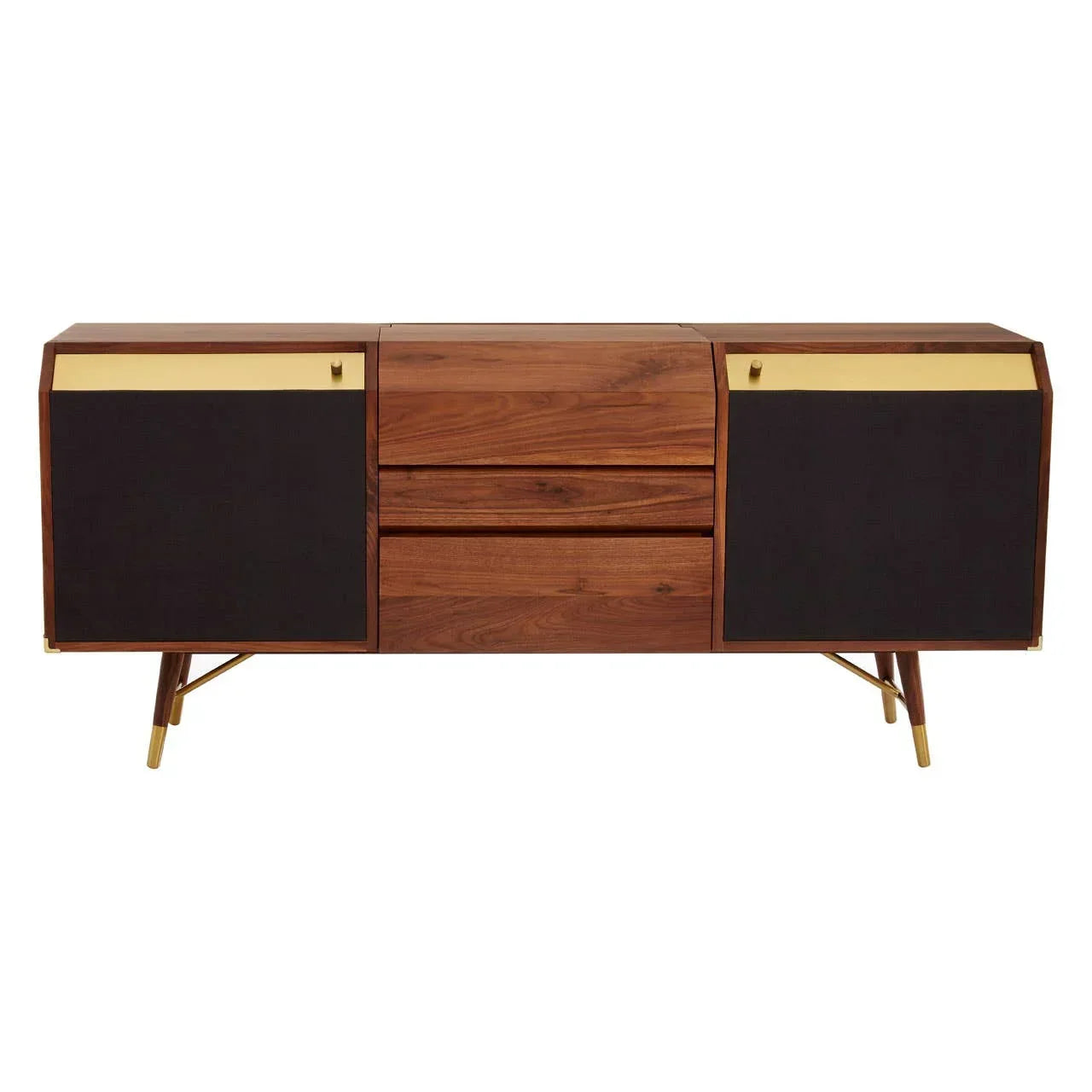 Walnut sideboard with gold accents, black panel doors, and angled legs