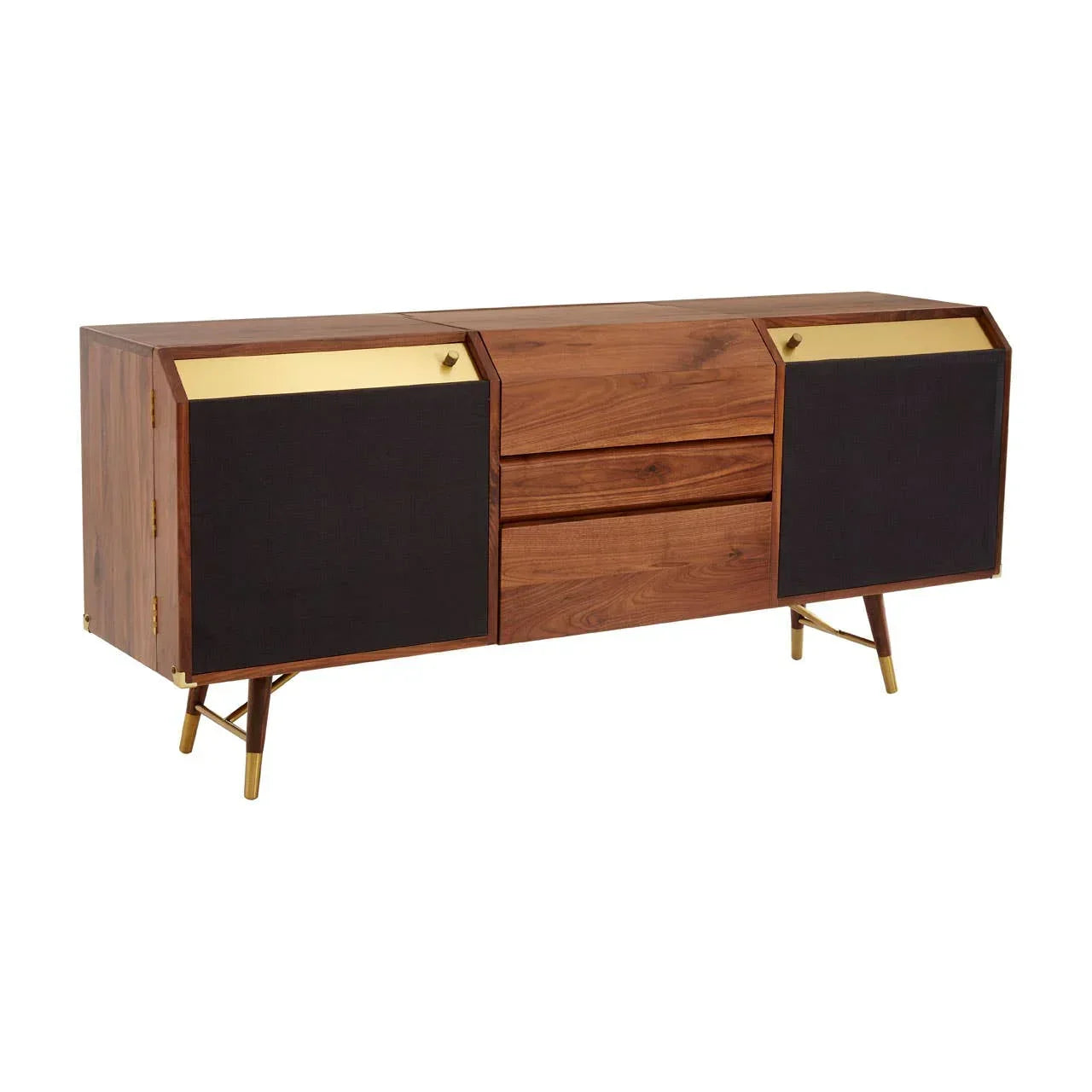 Mid-century modern wooden sideboard with black and gold accents and angled legs