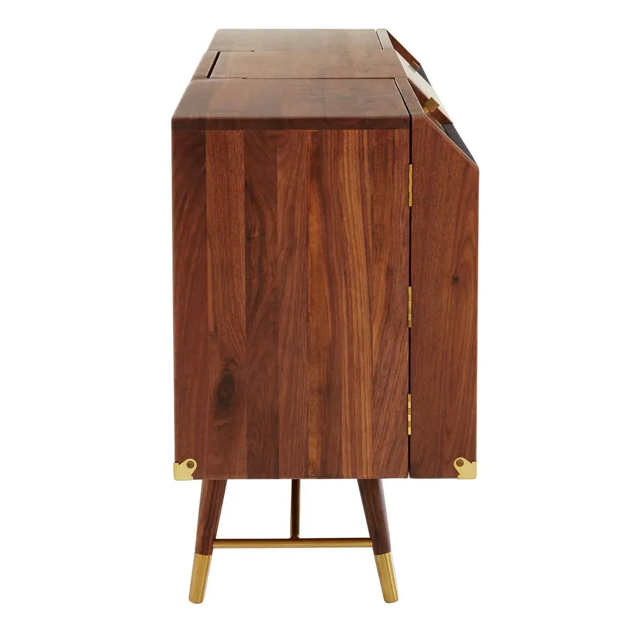 Side view of wooden sideboard with gold metal accents and angled mid-century legs