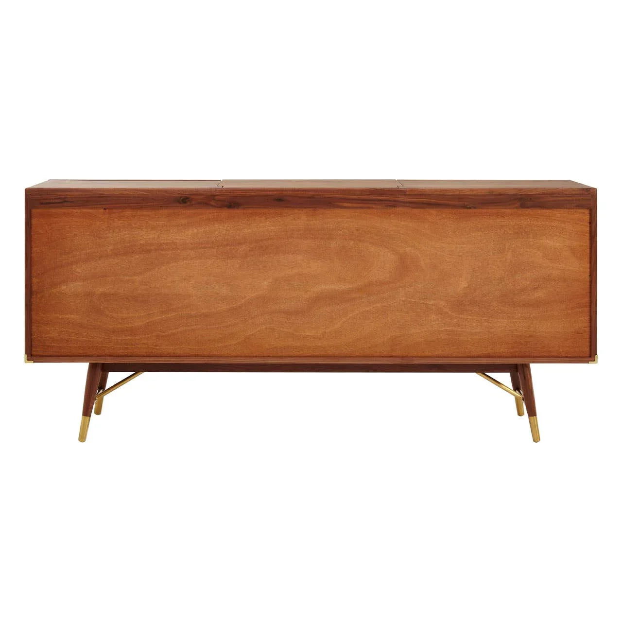 Mid-century sideboard in natural wood with gold leg tips, viewed from the front