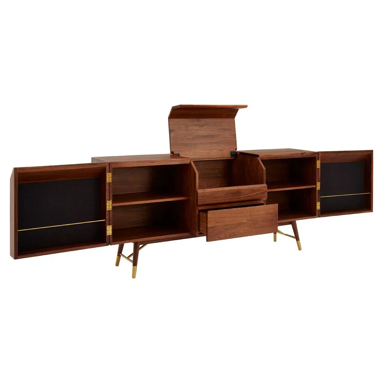 Mid-century sideboard with walnut finish, open doors and drawers showing storage compartments