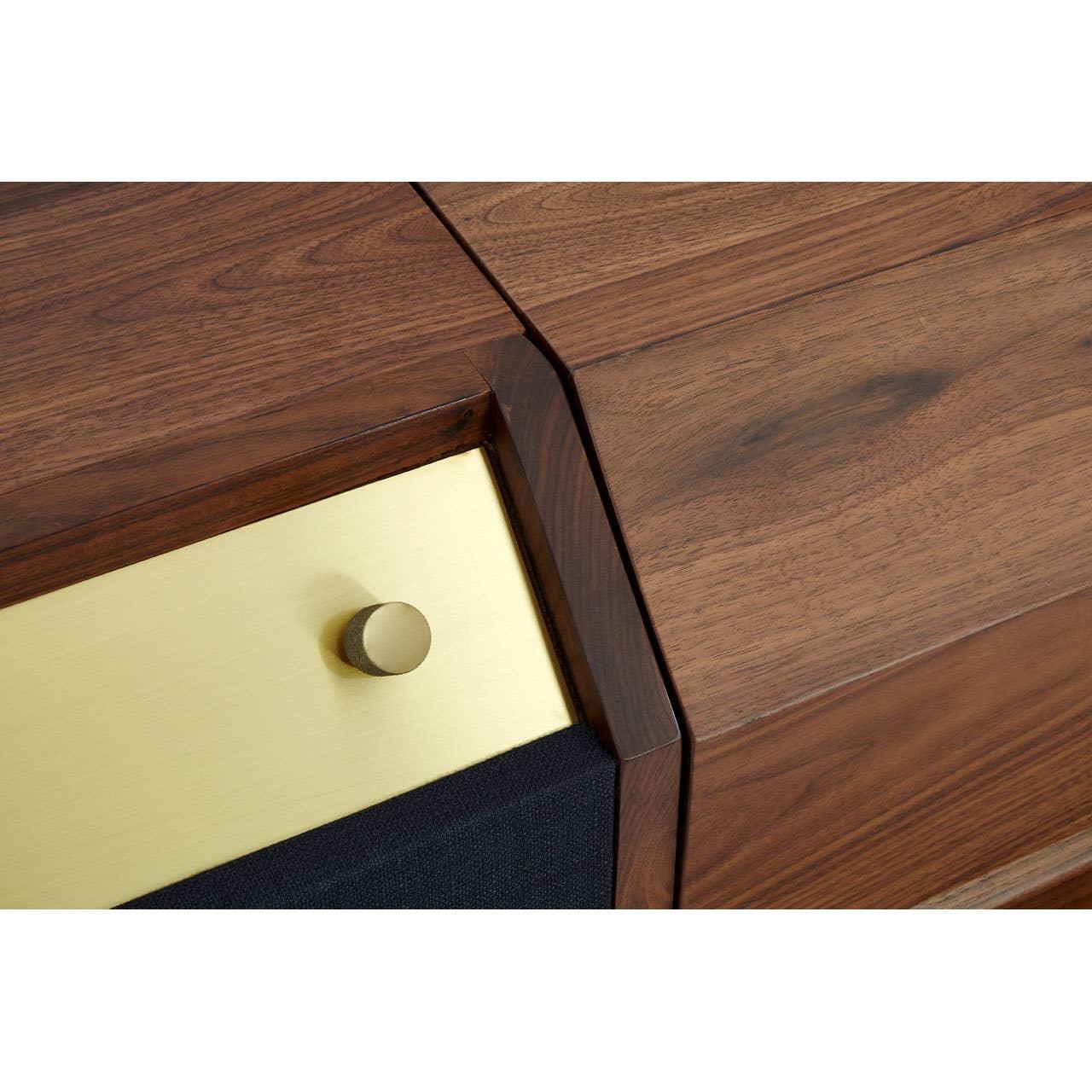 Walnut wood sideboard corner with brass drawer and round brass handle
