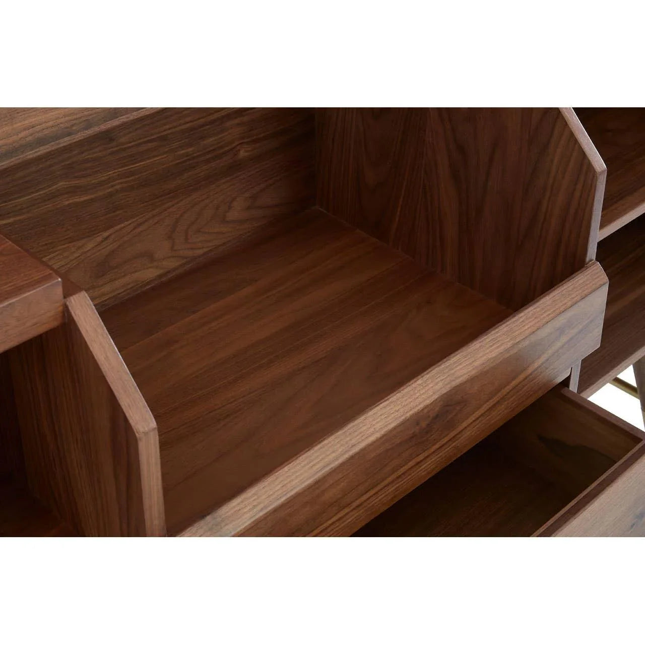 Walnut wood shelving unit with side dividers and visible grain detail
