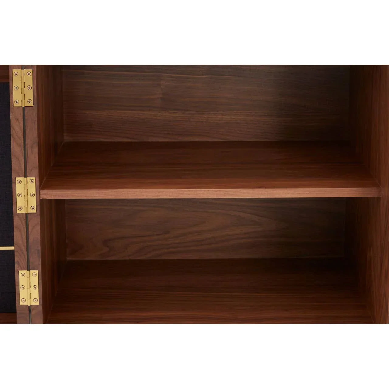 Dark wood shelving unit with brass hinges and natural wood grain finish