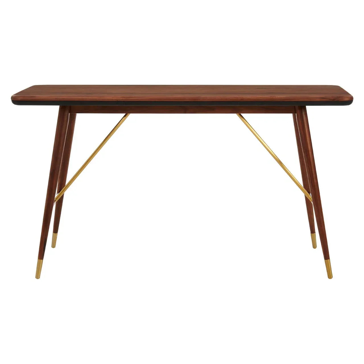Mid-century modern wooden console table with gold metal accents and tapered legs
