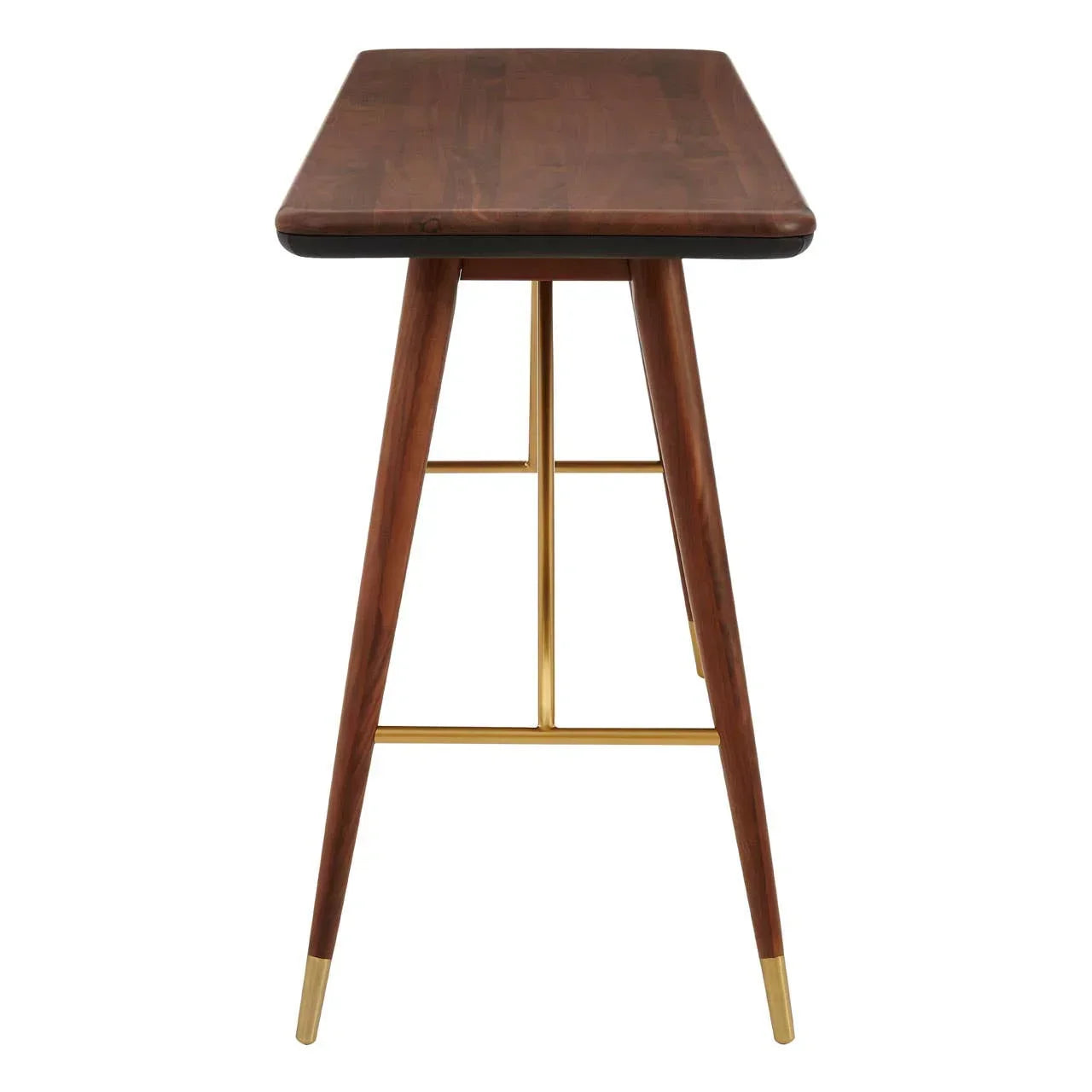 Walnut wood dining table with gold metal accents, viewed from the end