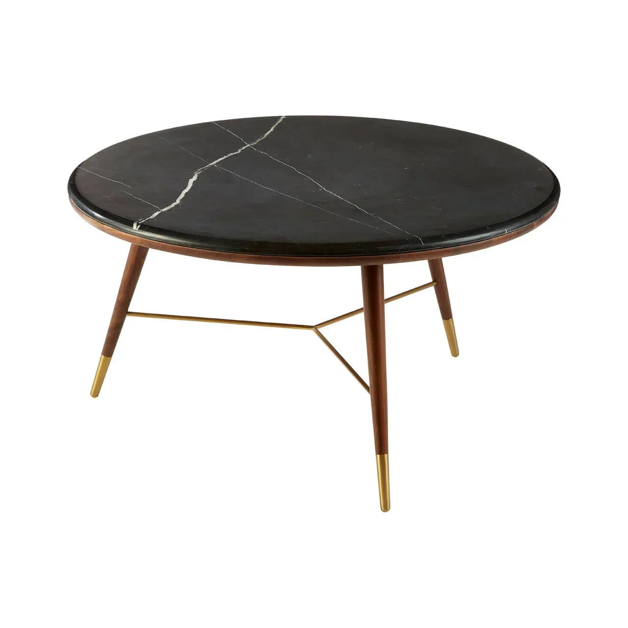 Round black marble coffee table with slim wooden legs and brass accents