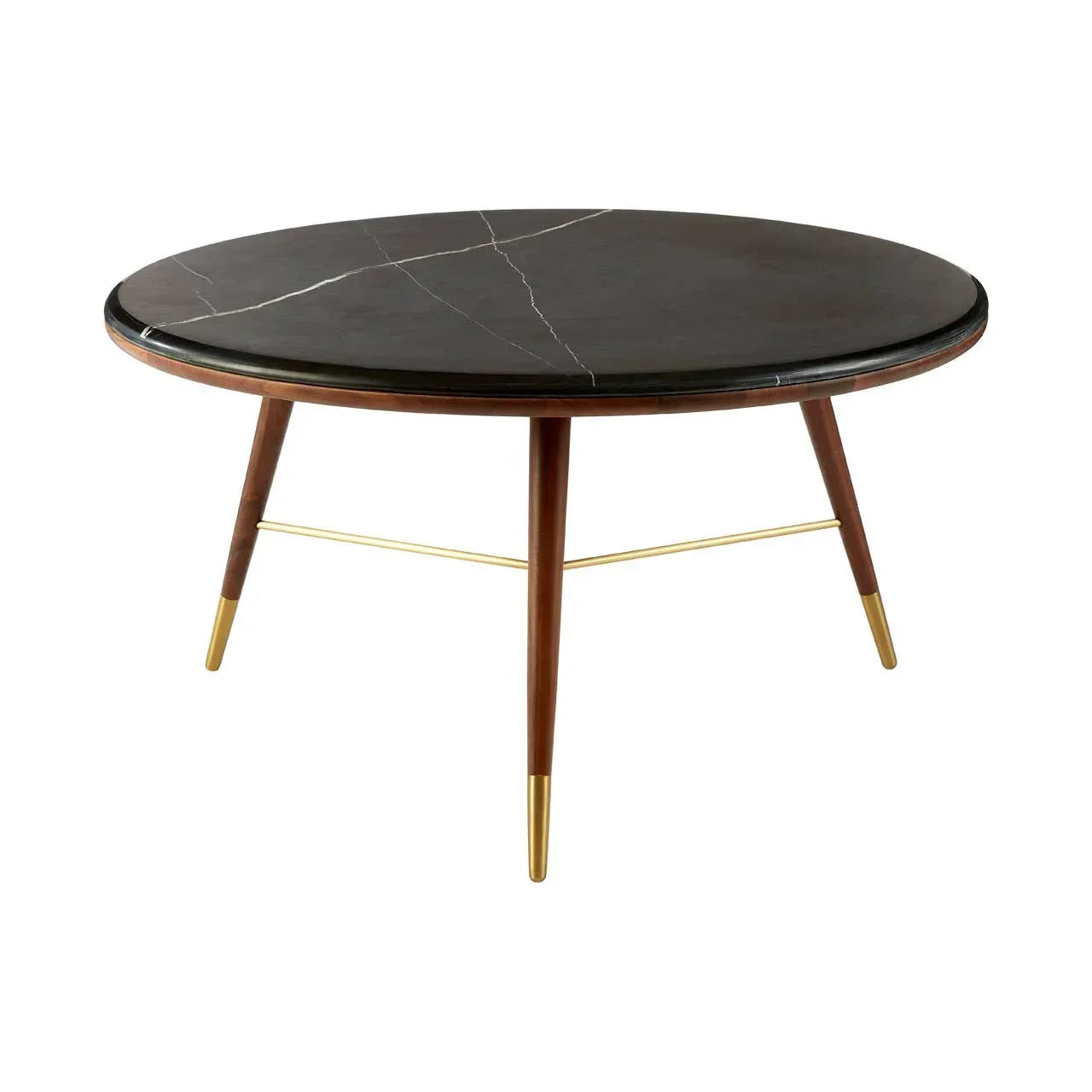 Round black marble coffee table with gold-tipped wooden legs and sleek modern design