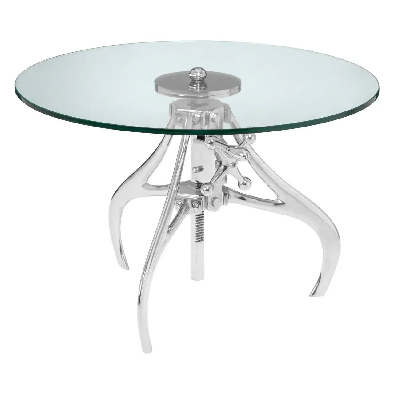 round glass top dining table with silver metal industrial style base