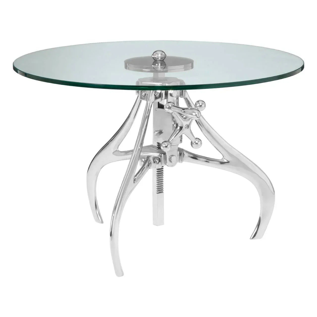 Round glass top side table with chrome metal base and adjustable height feature