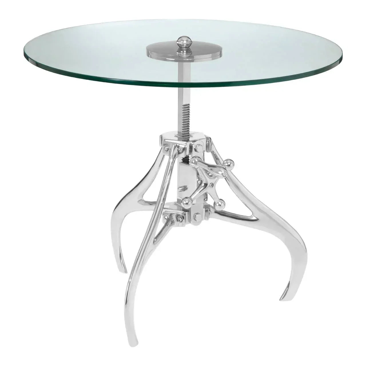 Glass top side table with chrome metal tripod base and industrial design
