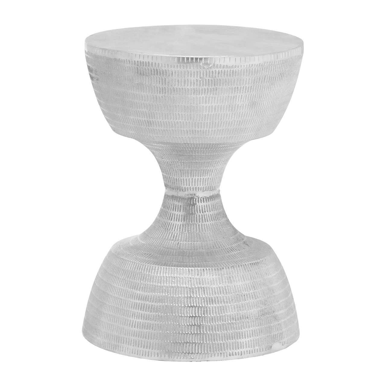 Silver metal accent side table with textured finish and hourglass shape
