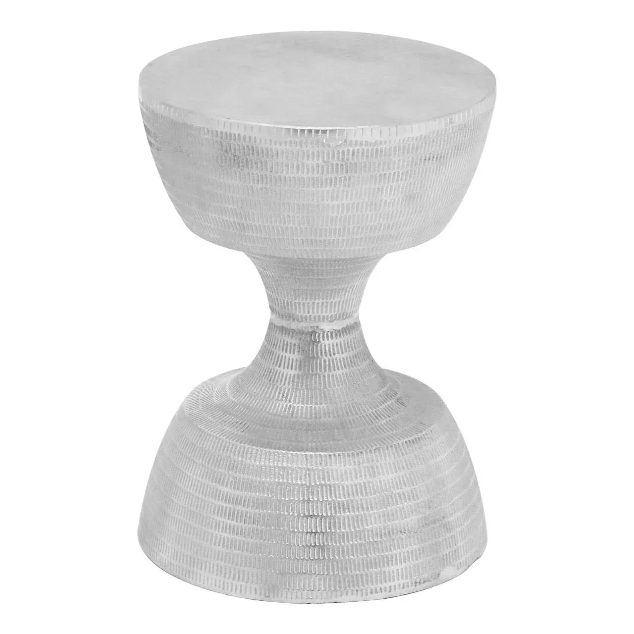 Silver metal side table with textured finish and hourglass shape on white background