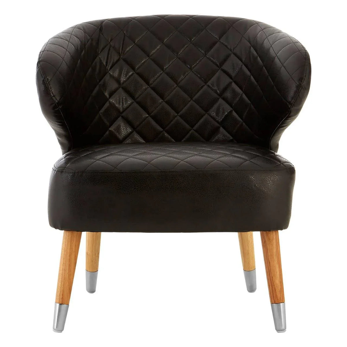 Black accent chair with diamond-stitched upholstery and wooden legs, front view
