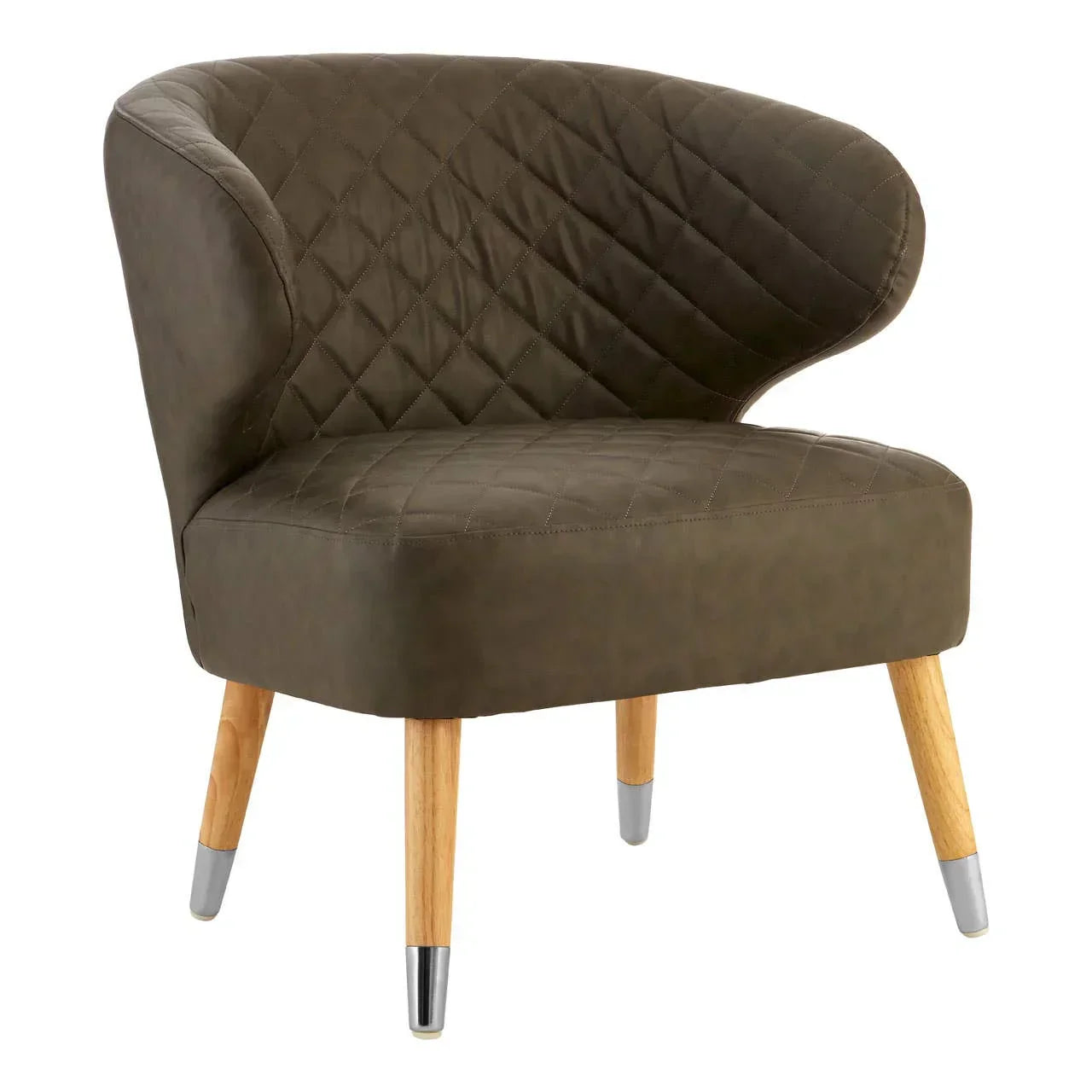 Brown accent chair with quilted upholstery and wooden legs with metal tips