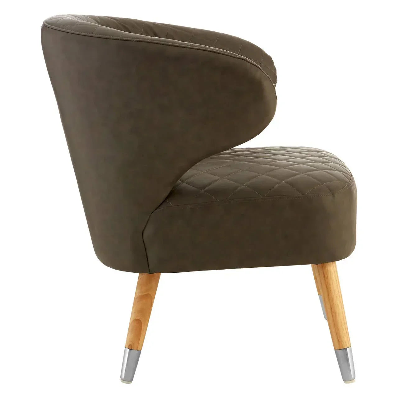 Brown accent chair with quilted seat and angled wooden legs, side view