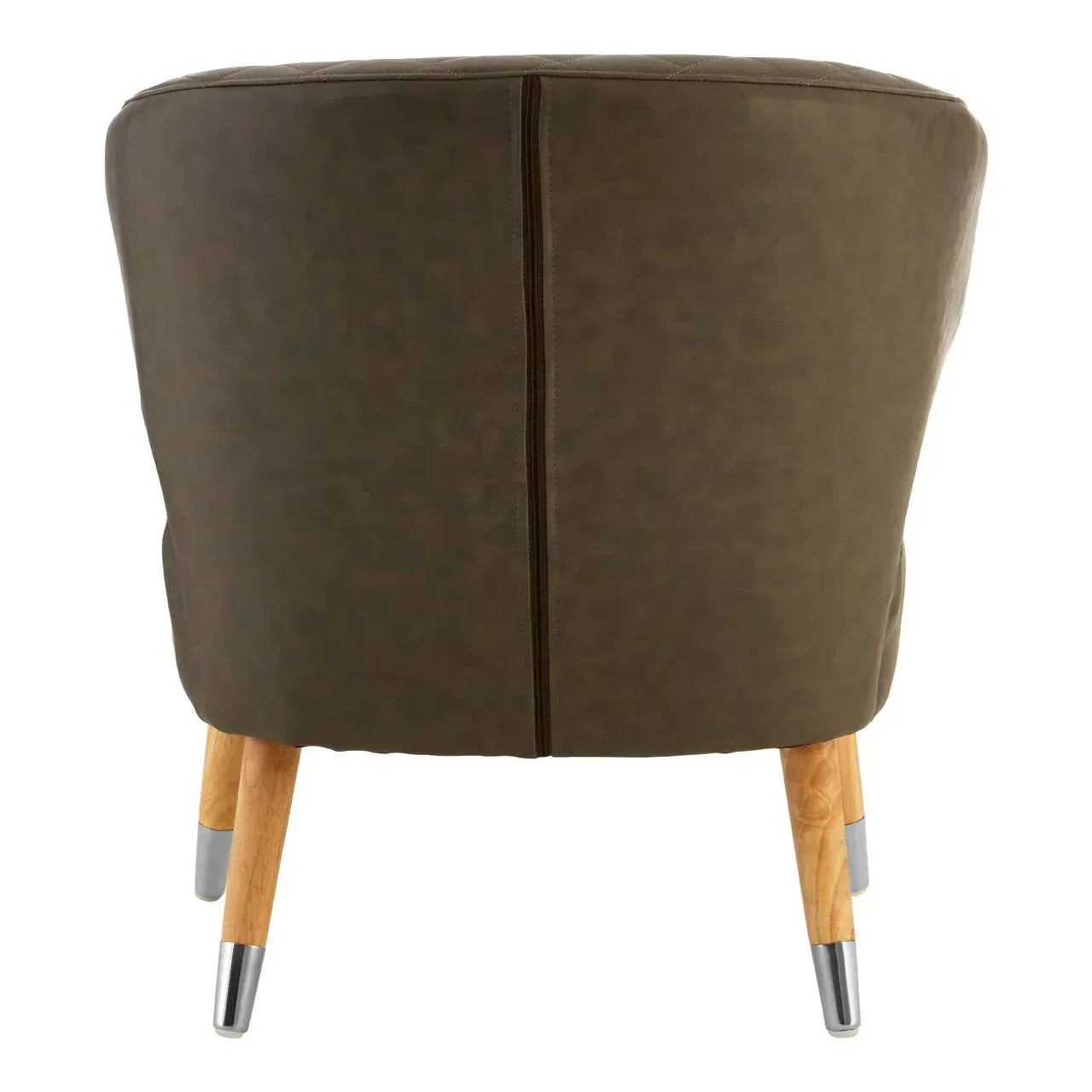 Brown accent chair rear view with faux leather upholstery and wooden legs with metal tips